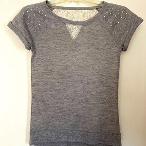 ✨3 FOR $18✨ MIX & MATCH…”JUSTICE” GREY AND WHITE LACE TOP (RHINESTONES), SIZE 12